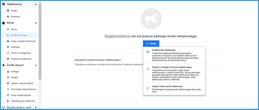 Tworzenie konta reklamowego w menedżerze firmy na Facebooku