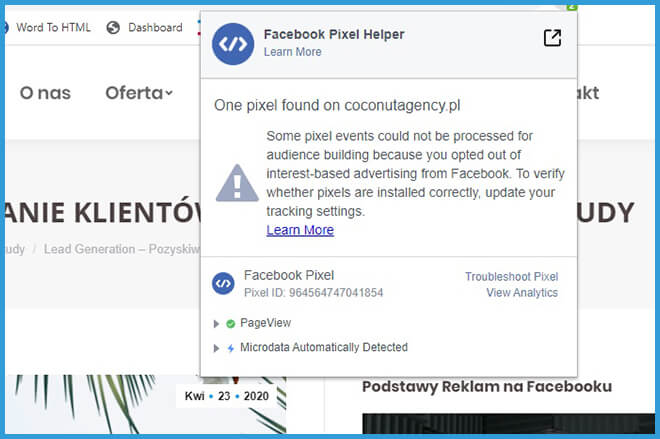 Pixel Helper - wtyczka do sprawdzania instalacji kodu śledzącego