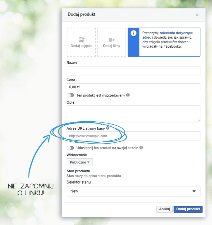 Dodawanie produktu w sklepie na Facebooku