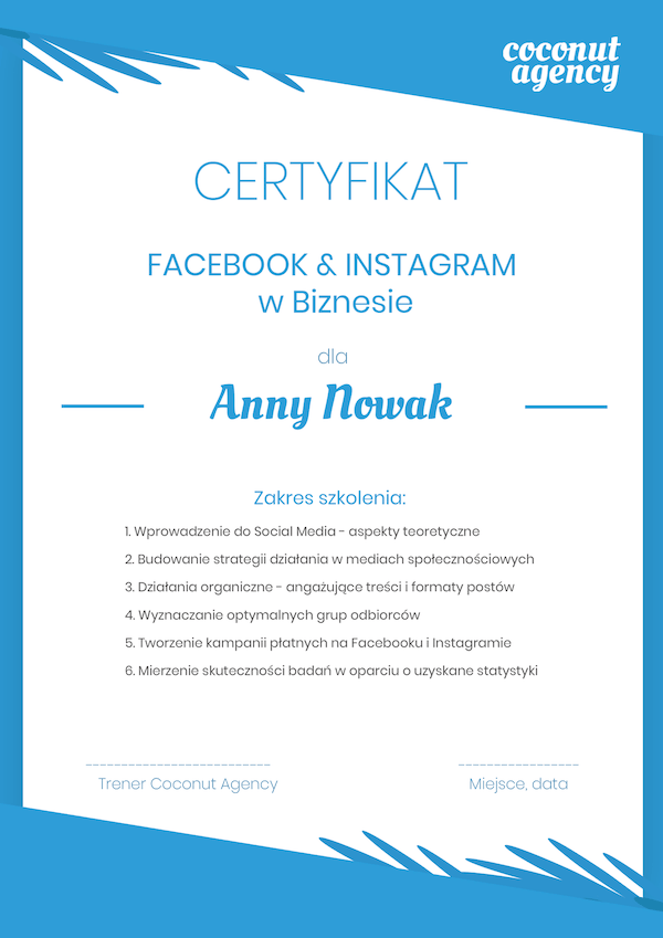 certyfikat uczestnictwa w szkoleniu z social media
