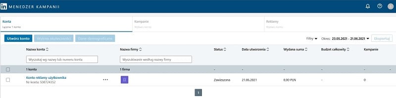 Reklama na LinkedIn - widok menedżera kampanii