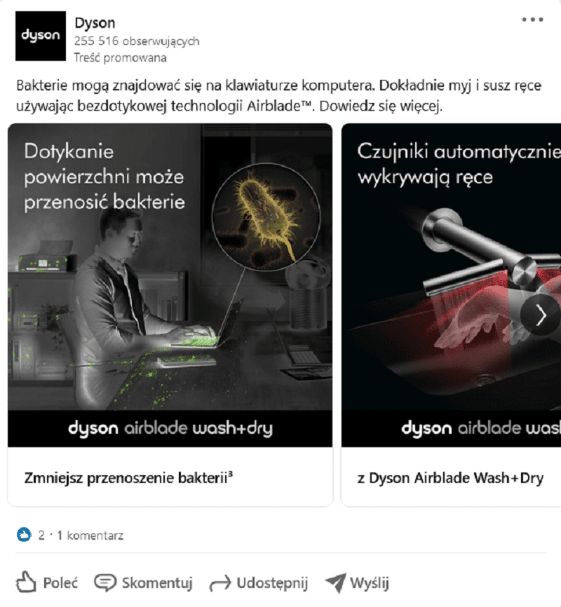 Przykład reklamy na LinkedIn - reklama karuzelowa.