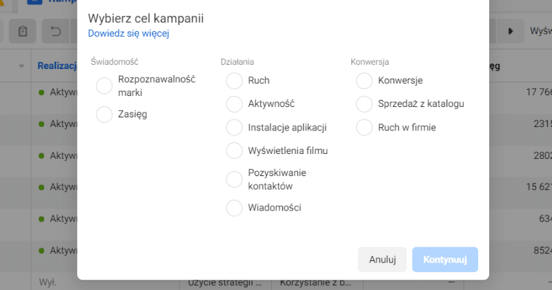 Reklamy na Facebooku - cele reklamowe.