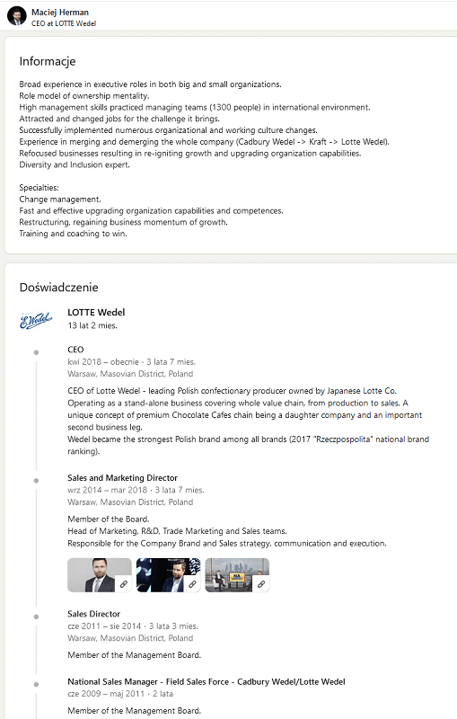 LinkedIn - uzupełniony profil CEO.