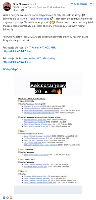 LinkedIn - CEO wspiera rekrutacje.