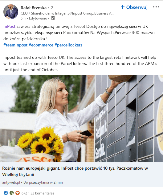 LinkedIn CEO - udostępnianie artykułów.