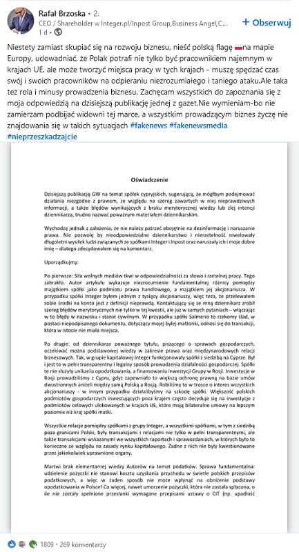 LinkedIn CEO - oświadczenia na profilu osobistym.