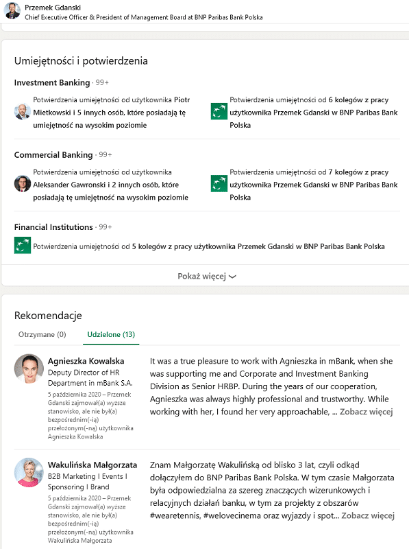 LinkedIn CEO - rekomendacje w profilu osobistym i dla pracowników.