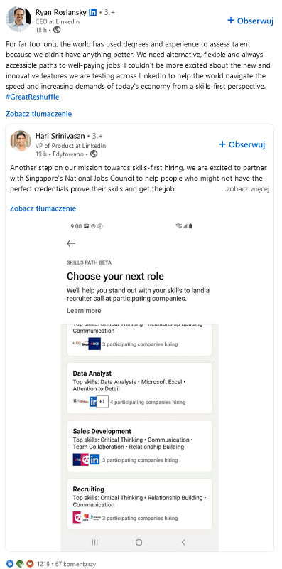 LinkedIn - udostępnianie postów pracowników przez CEO.