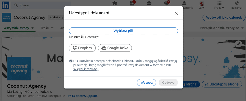 Publikacja dokumentów na LinkedIn.