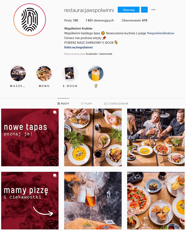 Profil restauracji na Instagramie