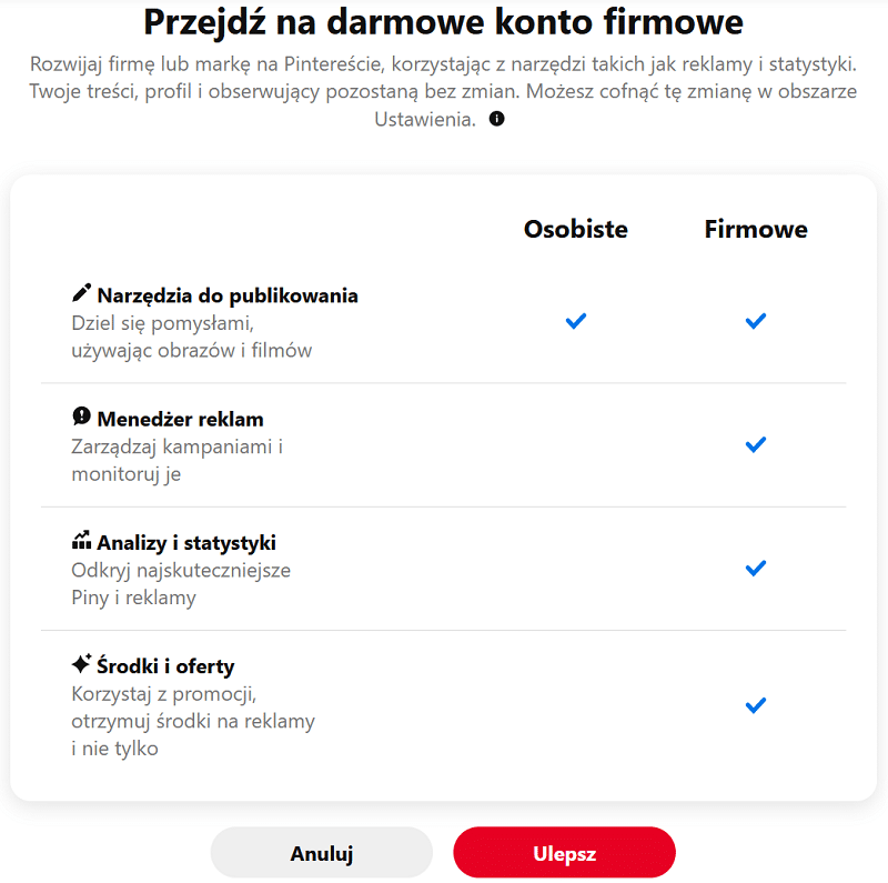 Konto firmowe na Pintereście
