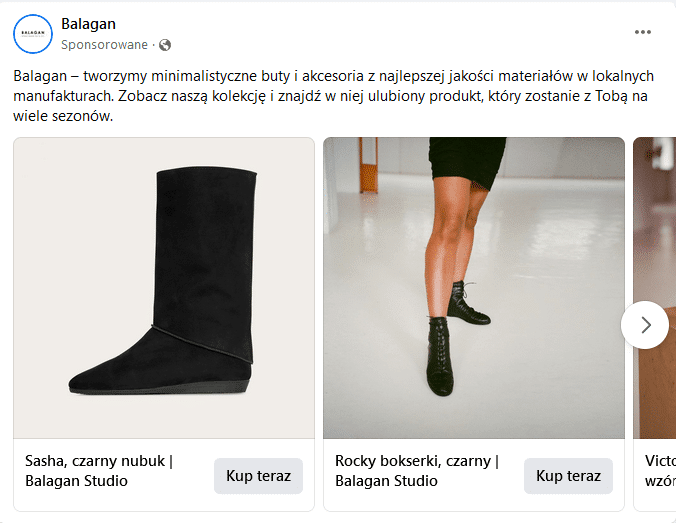 Reklama marki obuwniczej na Facebooku
