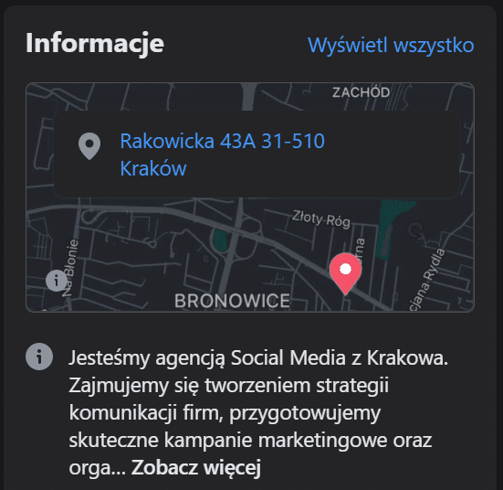 Informacje o firmie na fanpage'u na Facebooku