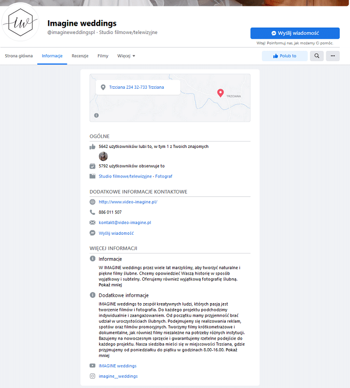 Informacje o firmie z branży ślubnej w social mediach - Facebook i Instagram
