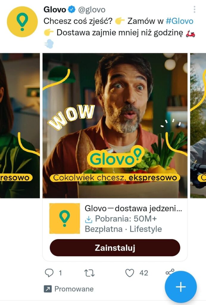 Reklama Glovo na Twitterze.