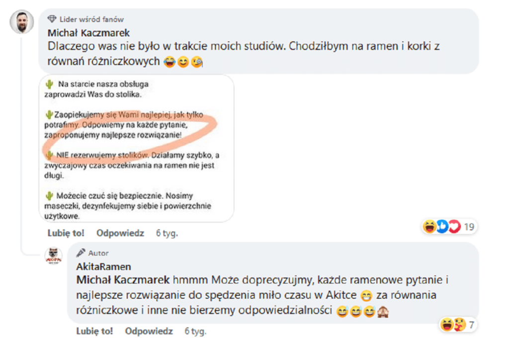 Komentarze na FB restauracji Akita Ramen