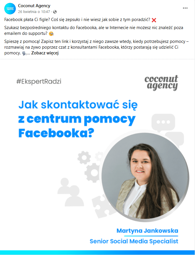 Post Cocout Agency na FB - jak skontaktować się z centrum pomocy Facebooka?