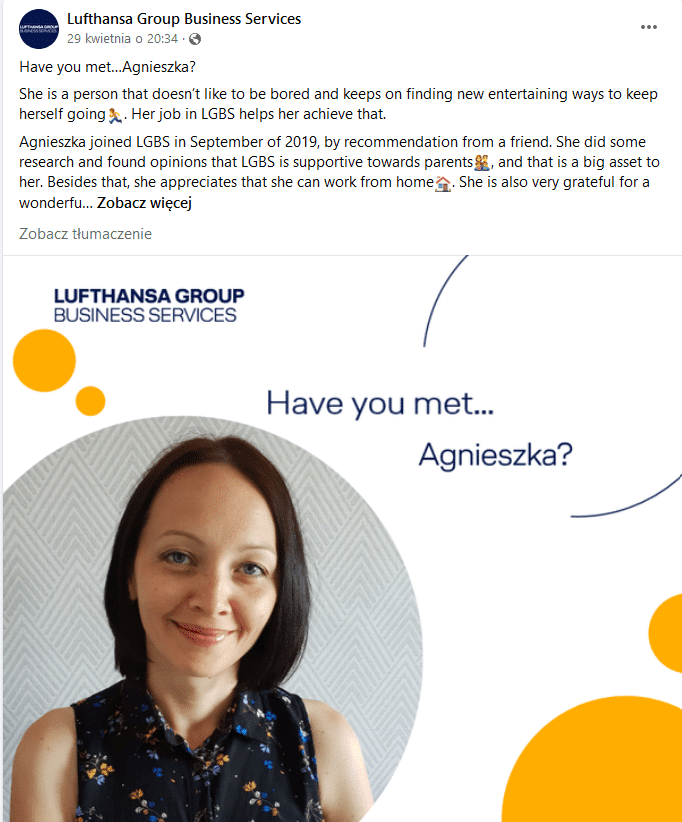 Post na FB Lufthansa - prezentacja pracownika Agnieszki