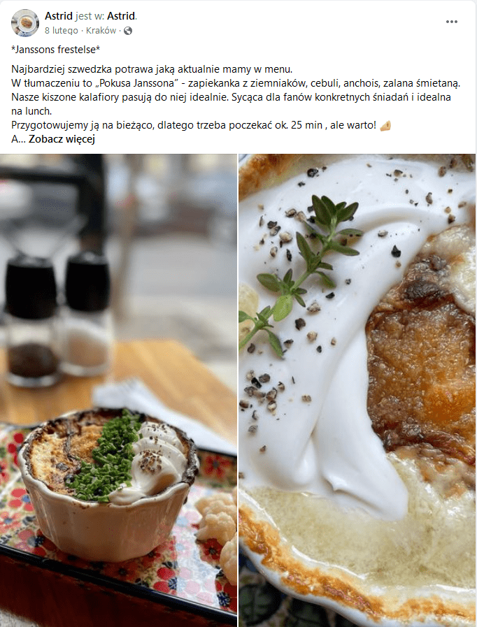 Post na FB restauracji Astrid - zdjęcie najbardziej szwedzkiej potrway