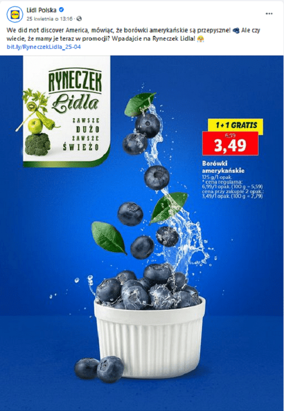 Post na FB sklepu Lidl - oferta borówek