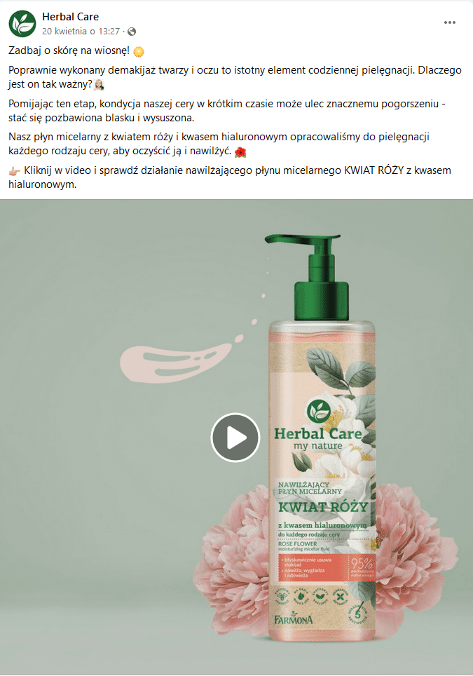 Post na FB - zdjęcie płynu do demakijażu marki Herbal Care