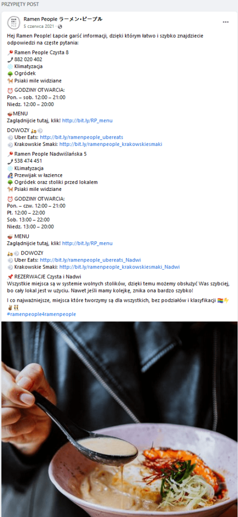 Post na FB restauracji Ramen People - odpowiedzi na częste pytania