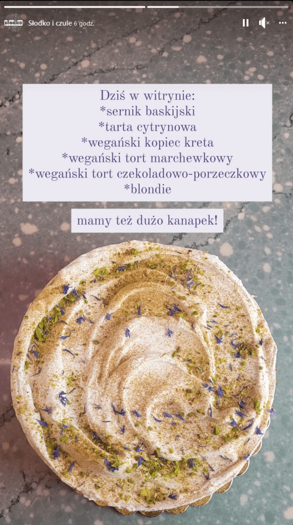 Relacja na Instagramie restauracji Słodko i czule - menu dnia