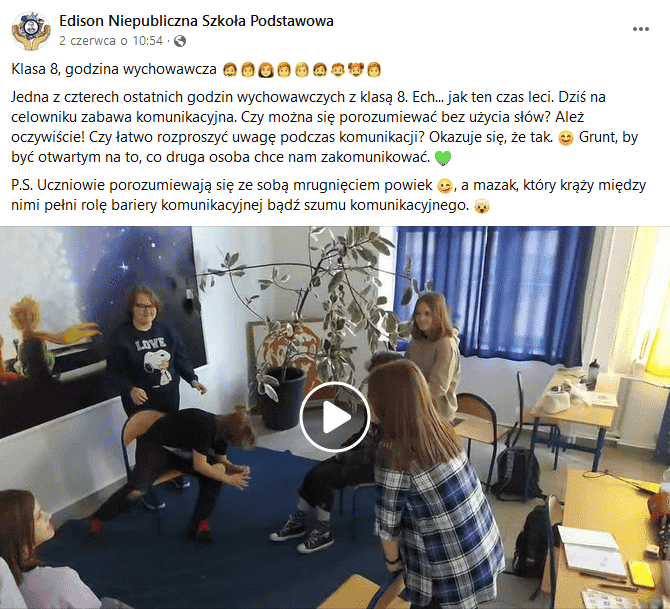 Metody edukacyjne na profilu szkoły na Facebooku