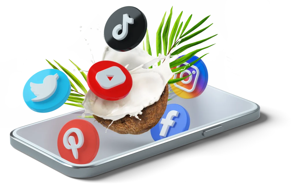Agencja social media - mobile ikony SM oraz kokosy wypadają z telefonu