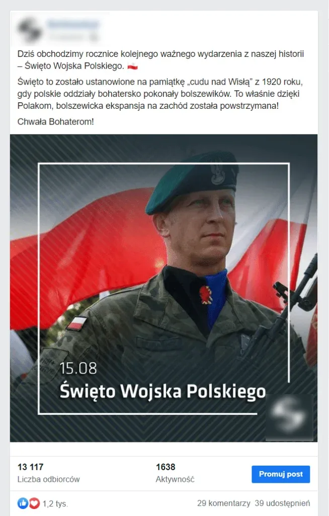 Post z okazji Święta Wojska Polskiego na Facebooku.